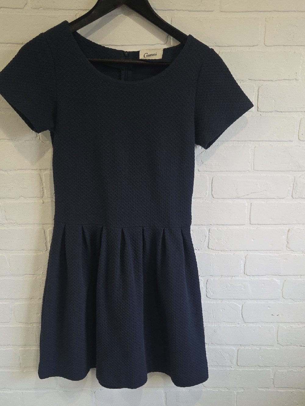 Ganni Navy Textured Short-Sleeve Fit-and-Flare Mini Dress